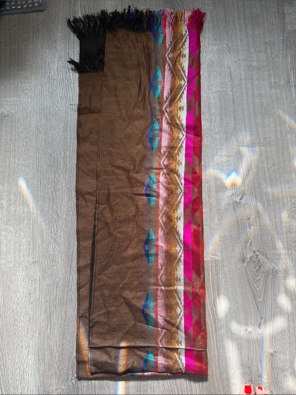 Source Unknown Brown Scarf with Pink and Blue Tribal Accents
